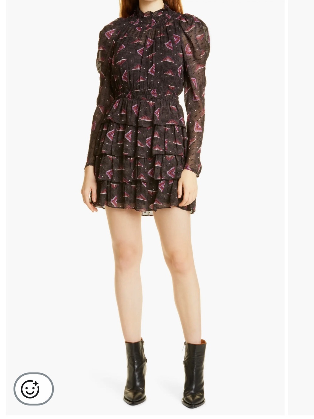 ba&sh Black Long-Sleeve Tiered Mini Dress with Pink Print